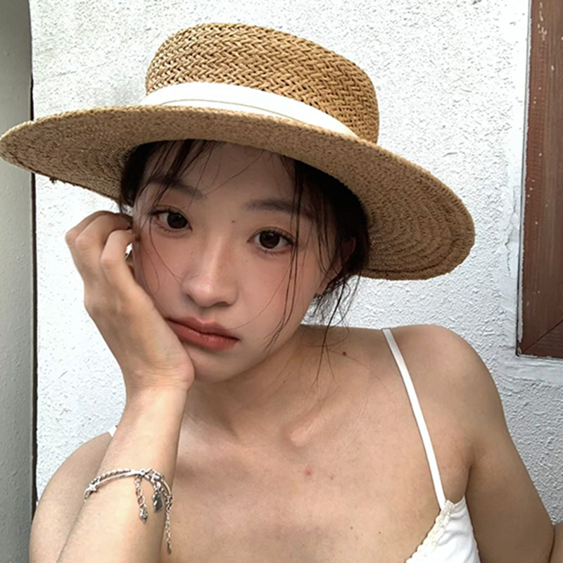 法式老钱风平顶遮阳防晒草帽女