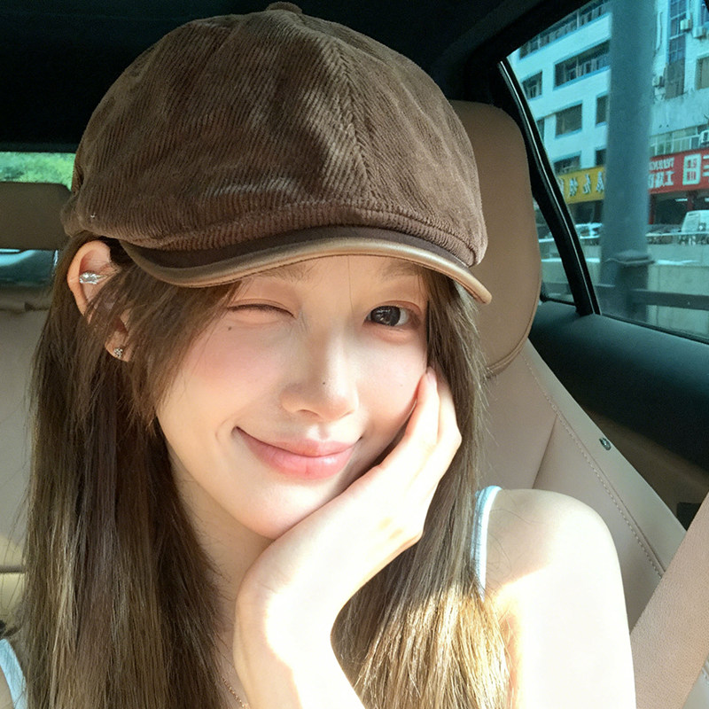 棕色灯芯绒前进帽女2026年秋冬韩系日常百搭文艺显脸小复古鸭舌帽