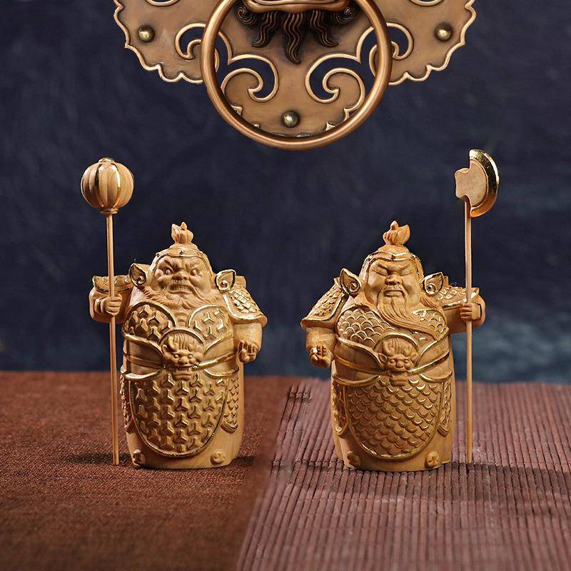 黄杨木雕哼哈二将门神摆件木质中式家居客厅Z宅装饰桌面神像