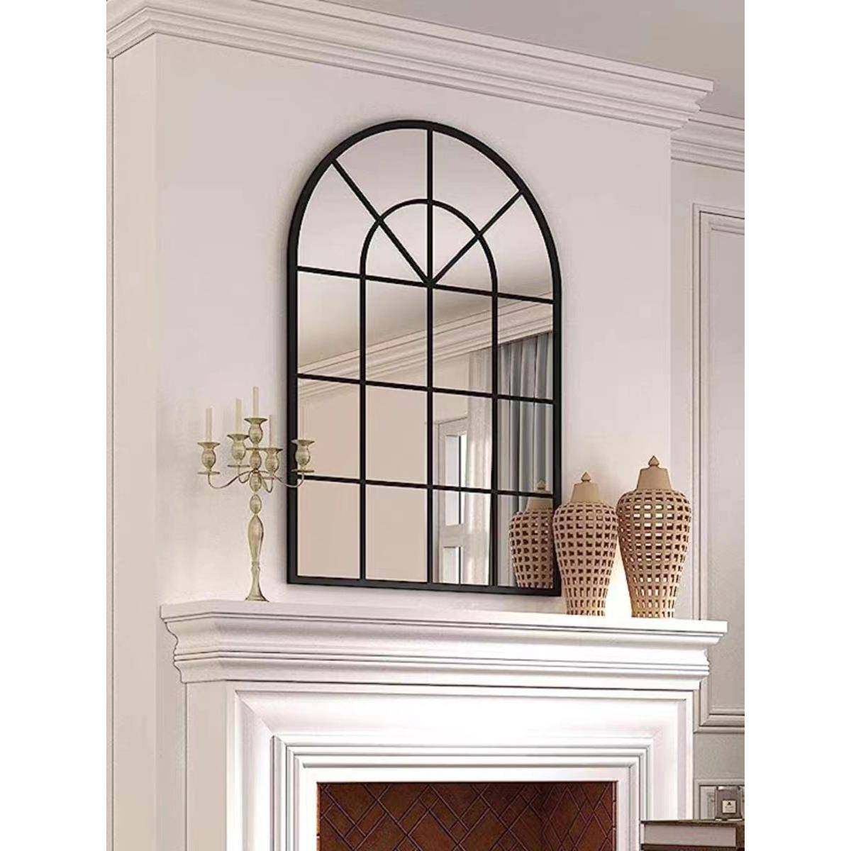 法式装饰镜假窗户镜子玄关墙面装饰镜铁艺圆弧镜框复形格子镜