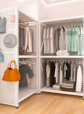 白色衣架卧室家用落地组合衣帽架出租房用钢制洞洞板轻仓衣架