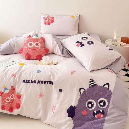 可爱小怪兽A类纯棉水洗棉四件套全棉床单可爱儿童床上用品被套1.8