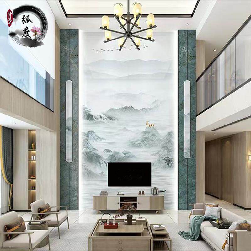 2023新别款电视背景墙岩板佛山大石材复式楼moi山水画沙发影板视