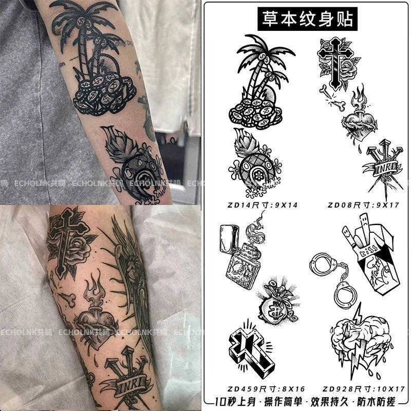 欧美风手臂小图oldschool拼接花臂仿真刺青草本纹身贴半永久贴纸