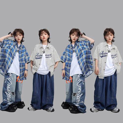 街舞儿童潮服男童短袖衬衫酷帅嘻哈幼儿hiphop六一演出服潮牌套装