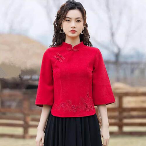 改良式旗袍茶服套装 棉质汉服风格红色唐装 女装25-35岁中国风