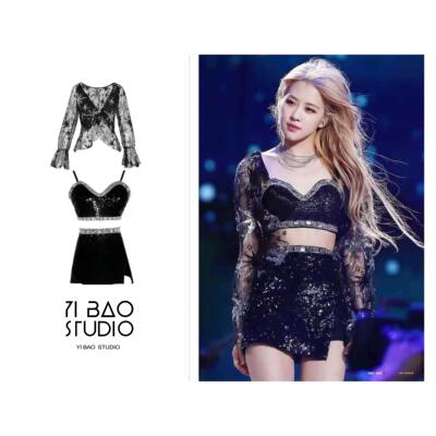 BLACKPINK女团rose同款ds演出服黑色亮片套装女歌手爵士舞蹈领舞