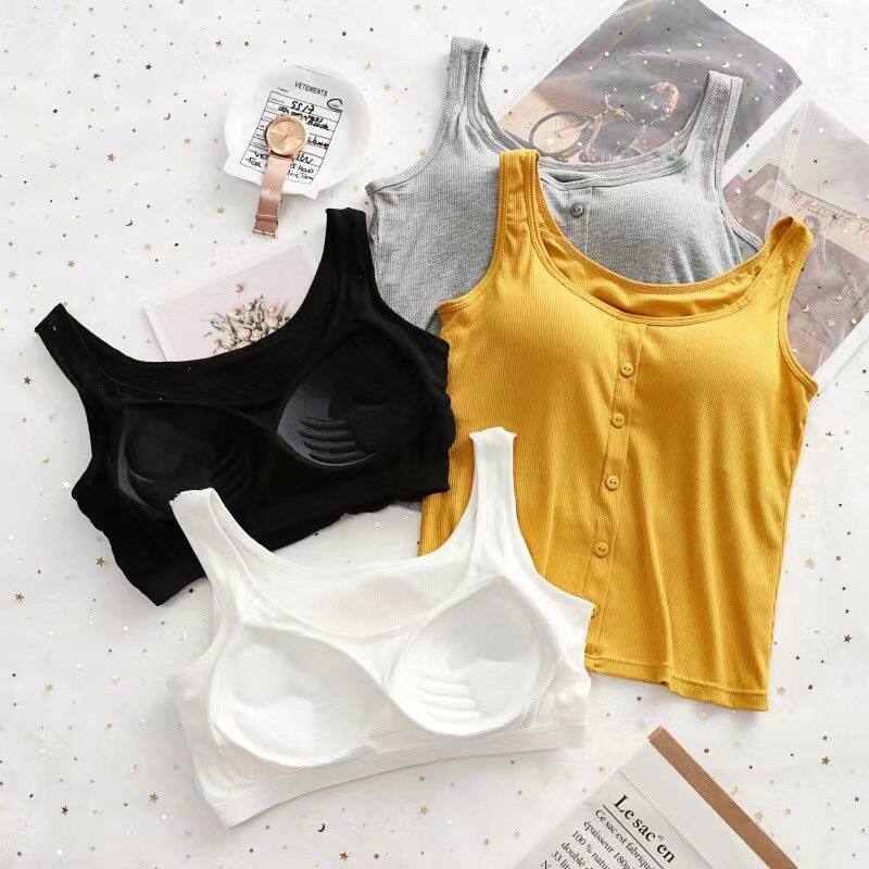 速发瑜伽运动可显穿自带胸垫一体式纯棉内带小背心大胸外小宽掉吊