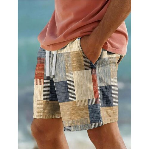 Grid printed tied beach shorts for men格子印花系绳沙滩短裤男