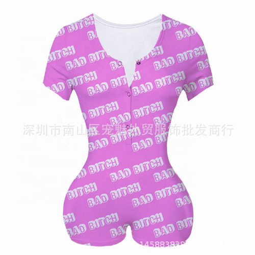 欧美性感深V领熊猫印花短袖纽扣连体短裤紧身连体裤Sexy jumpsuit