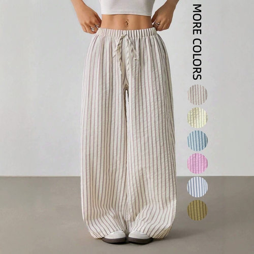 条纹休闲直筒阔腿裤Striped casual straight leg wide leg pants