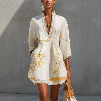 蕾丝镶边立领宽松度假风连衣裙Lace loose vacation style dress