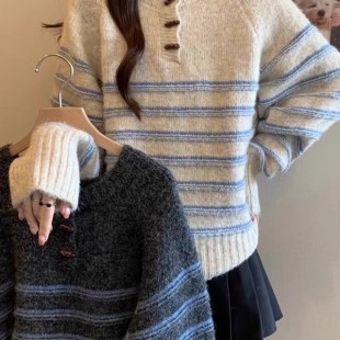 流行風(fēng)格 牛角扣針織衫 毛衣女2025新款 秋冬季 超好看獨特漂亮上衣女