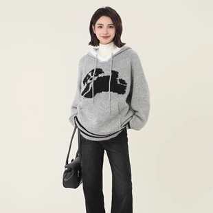 美式 灰色连帽小狗提花毛衣卫衣女春秋季 加厚宽松慵懒风带帽针织衫