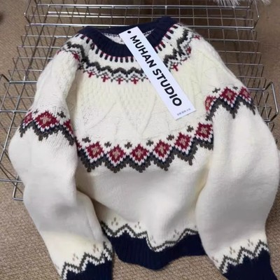 慵懒白色费尔岛毛衣女秋冬加厚宽松高级感可外穿内搭套头针织上衣