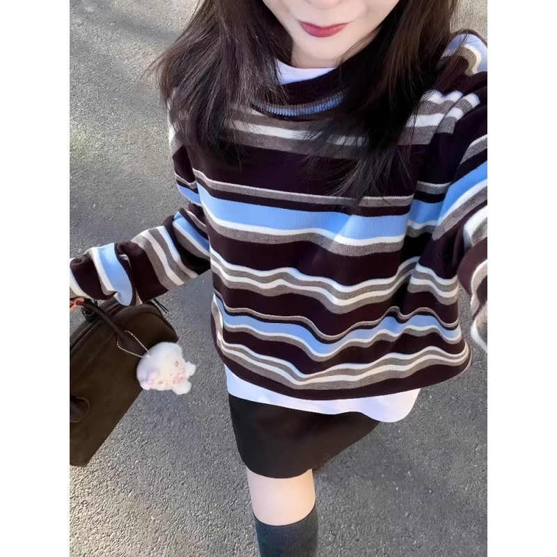 法式复古撞色条纹长袖针织衫女早秋独特超好看设计感宽松单穿上衣