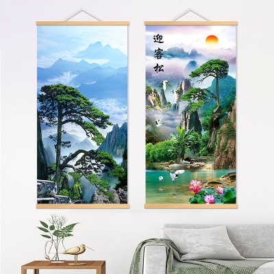 迎客松风景装饰画山水画招财竖版风水挂画背景墙客厅入户玄关过道