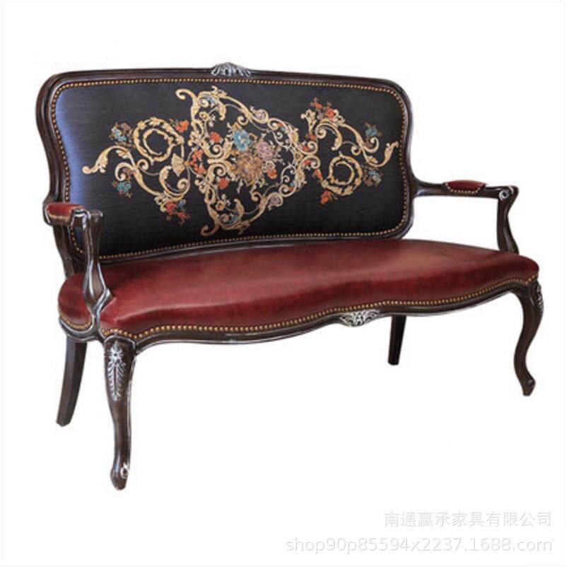 法式复古实木沙欧式实木人2023-85雕花沙发椅发美式乡村皮艺椅双