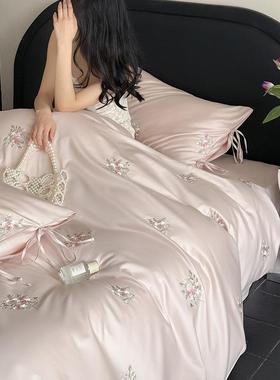 100支纯贡长绒棉棉四件套公主风玫瑰刺绣缎棉全76302被套床单床上