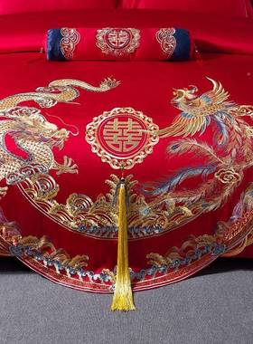 喜狐婚棉庆HBW家纺长绒四件套色结婚大红床品婚房布置龙凤刺绣被