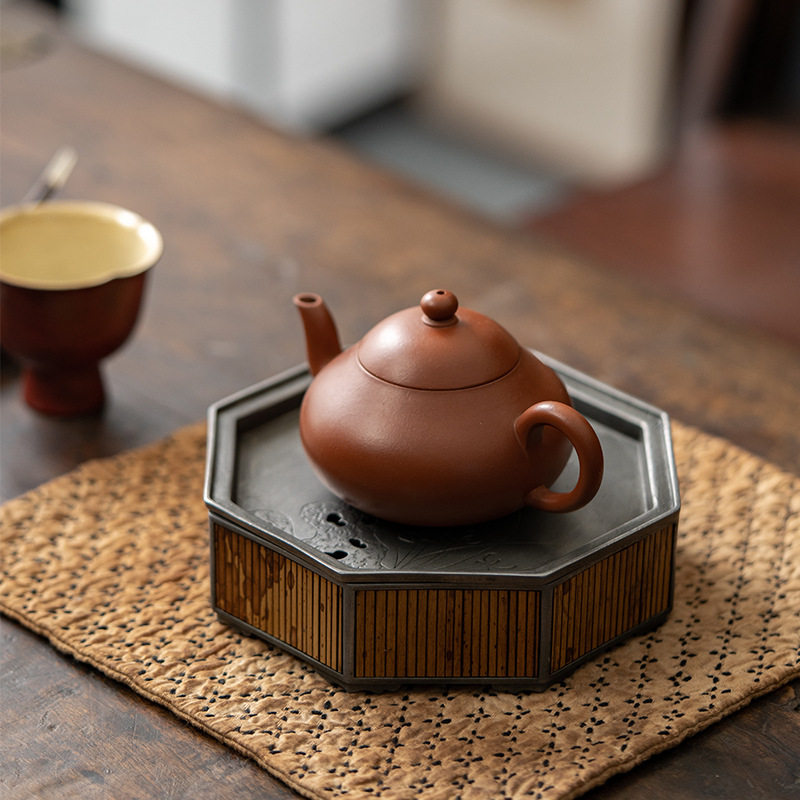 复古湘妃竹古锡制茶托壶承