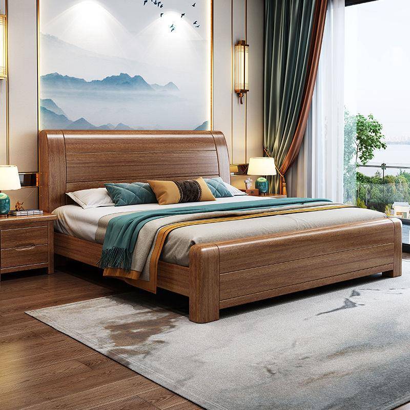 金丝胡桃木木床卧室现代中.式双人1.8物m大床CTF实单人床15m储抽