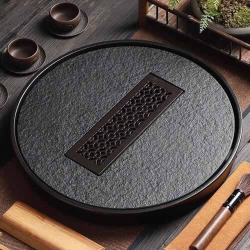 圆形乌金石茶盘用现简约家陶55841储水排代水百搭茶瓷台茶托盘