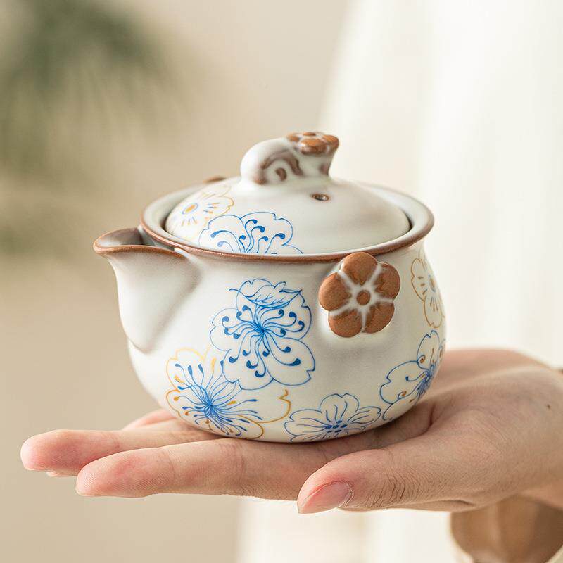 蓝桃抓花汝窑中式茶壶单壶泡茶家用仿手片壶32423424开可养单个高