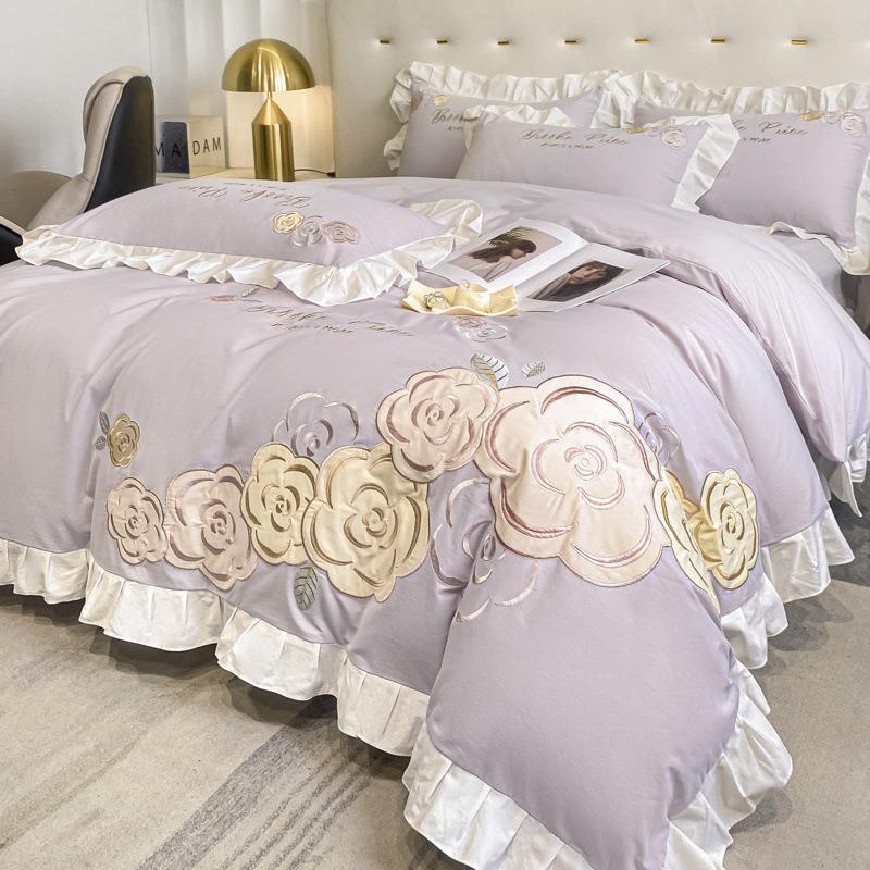 纯品全棉磨毛接宽边贴布棉绣四件套玫DD-1251瑰刺绣轻奢纯棉床上