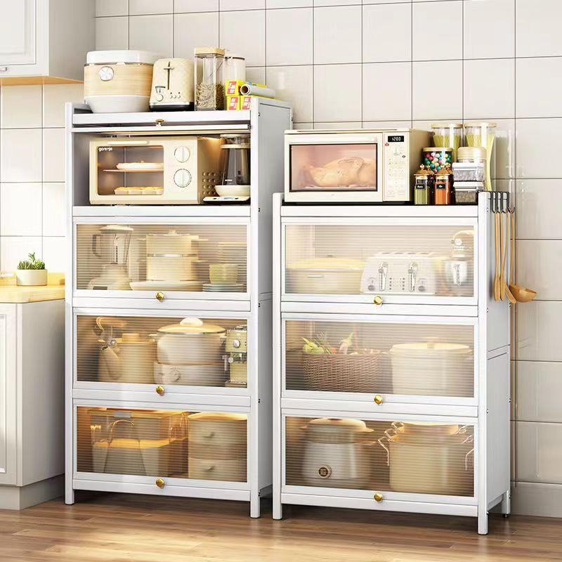 厨房收纳柜防尘带门用储物柜免打加孔板微家波炉置物架多层防尘柜