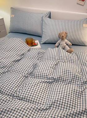 件简约风格子四件学套生舍宿三套亲肤水洗棉床单被套床笠床93726