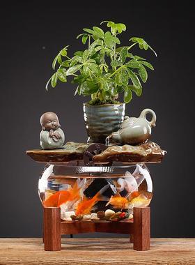 新中式流水环玻18957-E璃鱼摆件小型桌面客厅缸茶桌办景公室装饰