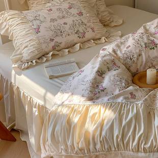 法式 浪漫公风褶皱丝套边被床上 蕾复古AVQ全棉四件主套纯棉床裙款