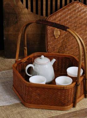 创意手篮工精竹编大食漆53353工艺六边提手提果篮编盒