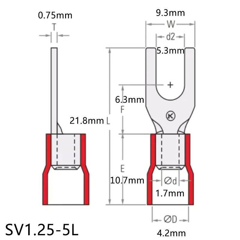SV1.25-5L国标冷压接线端子M3.7叉形U型接头端头预绝缘紫铜鼻端头