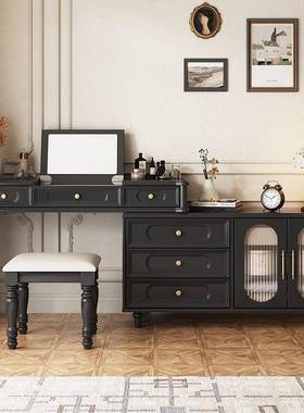 式式法复古实木梳妆台斗一柜体美中古风XMC55448化妆桌卧室床尾柜