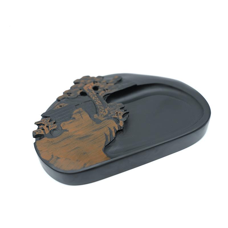 中国歙山水砚砚6寸7寸8实木带盖砚台学生成人毛寸笔磨墨端原石山