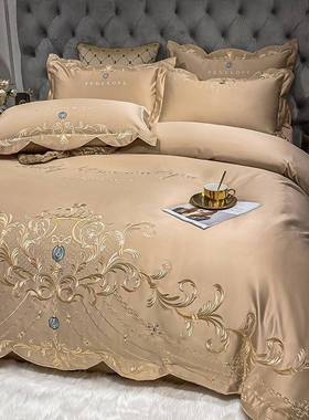 欧式全棉轻奢件套高四档用刺绣被套大红色床单纯棉81707结通婚床