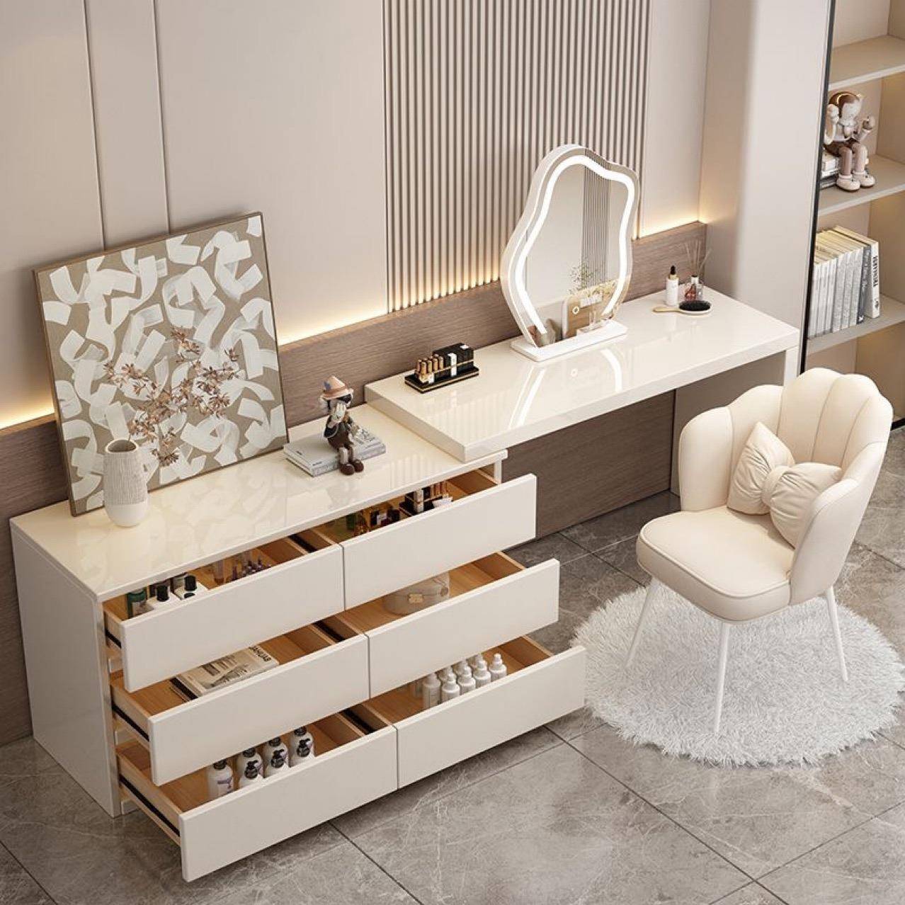 奶油风梳妆台实桌木IPM岩板卧妆室现简约智能化代妆轻奢收纳一体