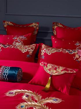 水庆洗棉婚四件套结婚刺绣床ali-7049上用红品加厚婚八件套喜嫁被