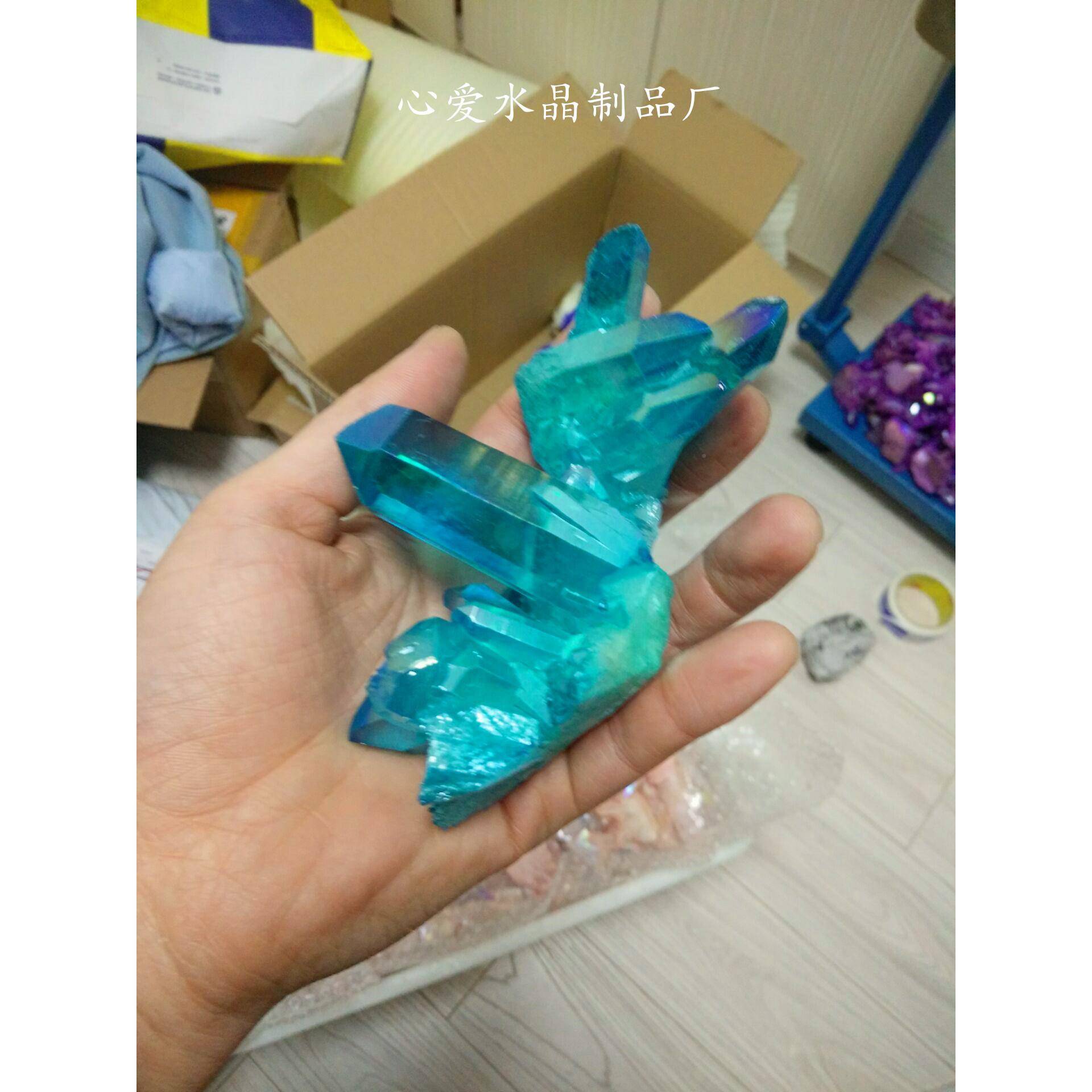 电镀七彩虹红水晶件簇摆晶水柱水晶BPI石晶簇原摆件