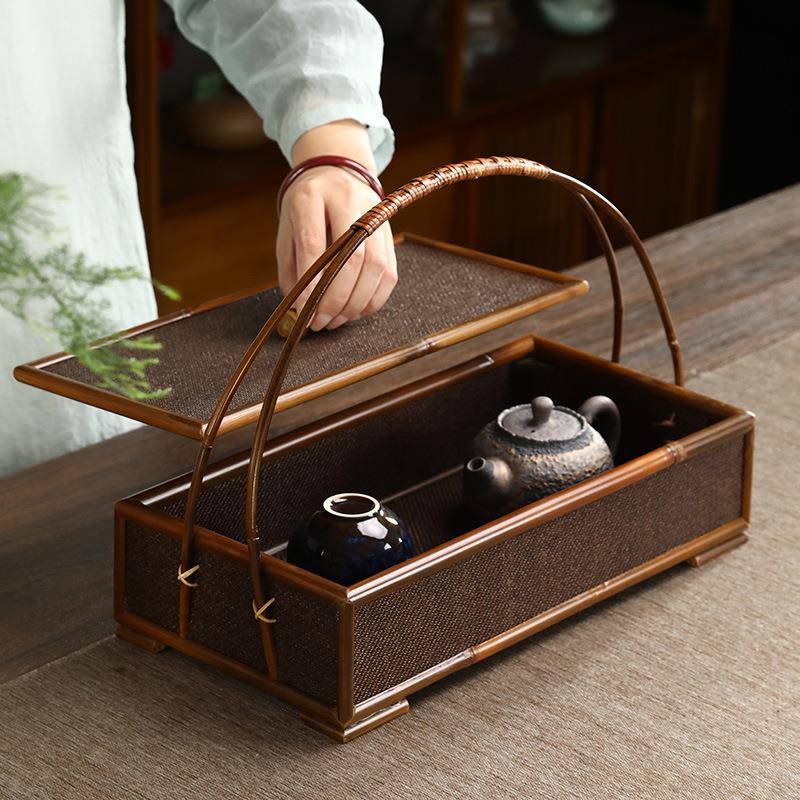 日式席面提盒竹制茶盒收纳篮箱复茶具文玩古带盖HLR子盒便携茶道