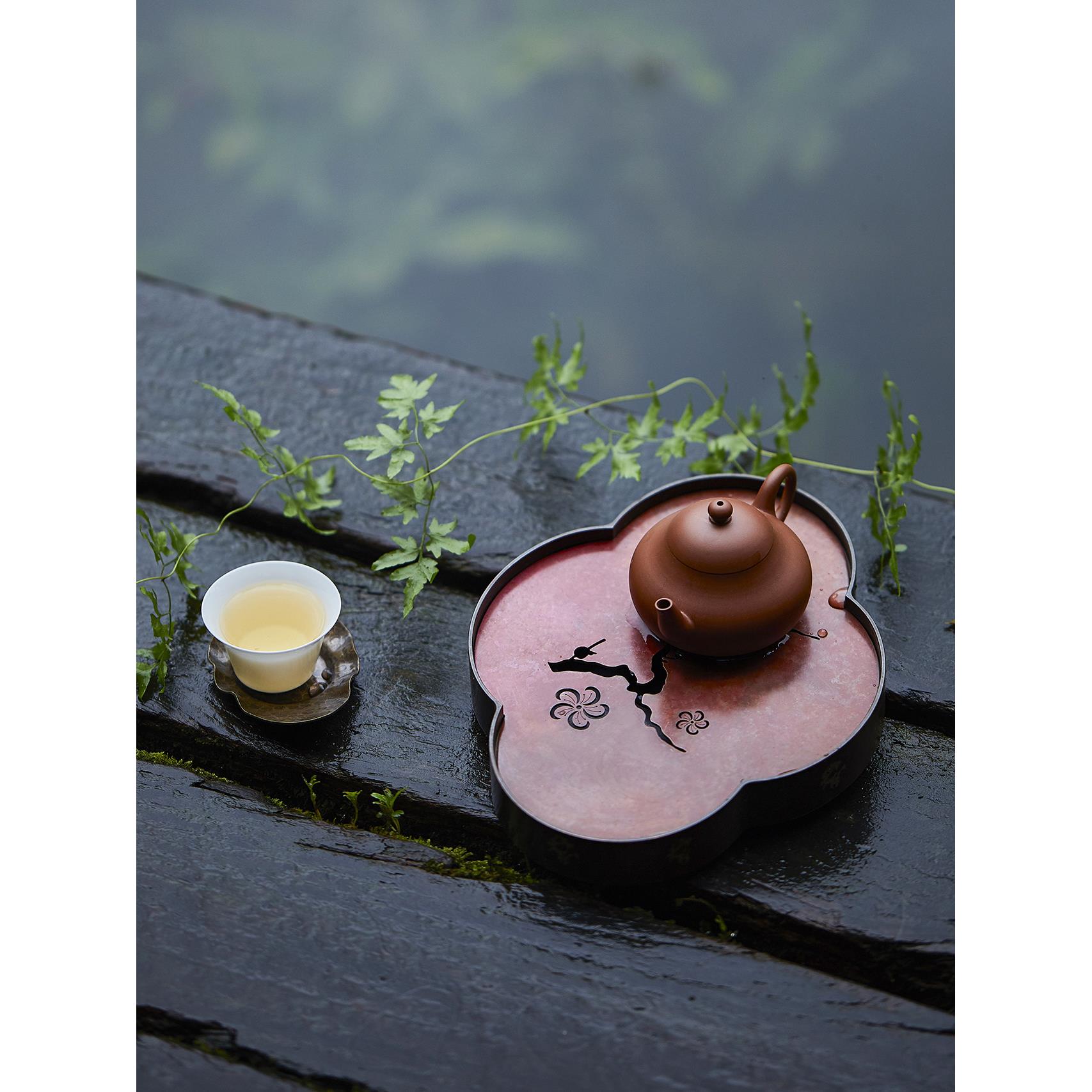 铜紫铜海棠茶盘 梅壶承壶托花干泡盘 可携式ASK养小茶盘壶紫砂茶
