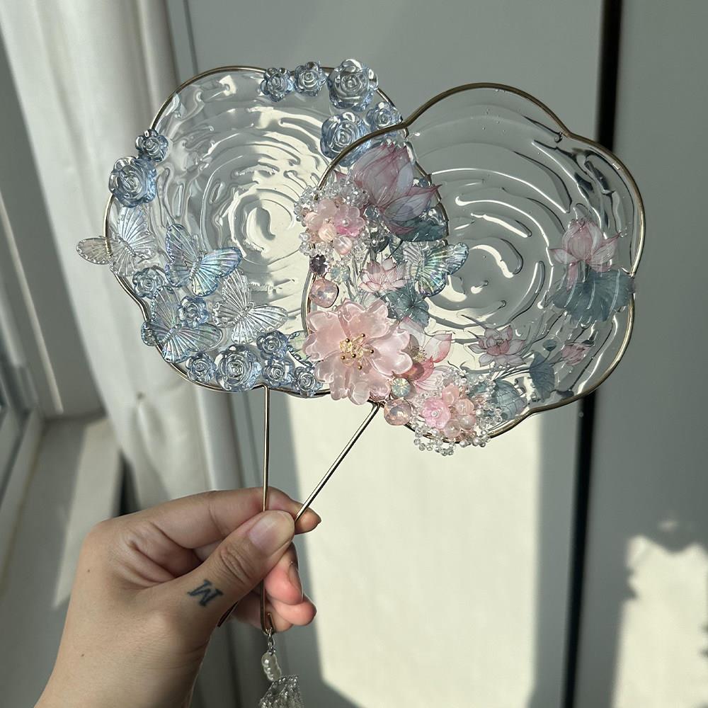 荷花水蓝色古风宝宝扇团扇 扇URK中国风汉服掌照道具 舞蹈走拍秀