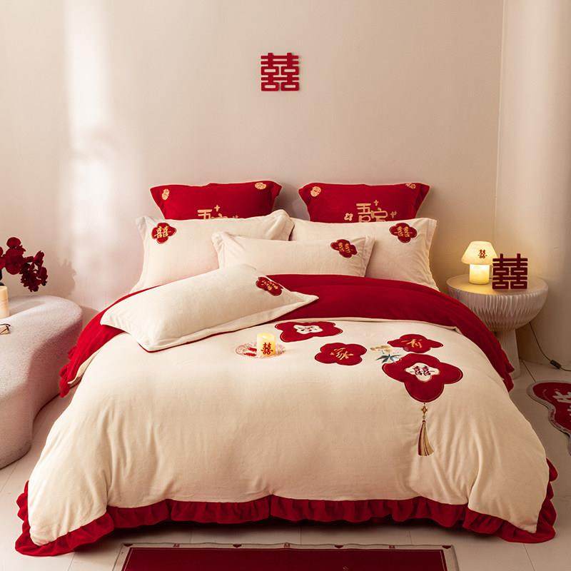 秋冬季婚牛奶绒四件套婚庆厚保暖单床被套红色新加11211888房陪嫁