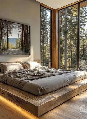 卧室榻榻米20165床悬浮床 实木双人侘床寂宿风可制民别墅实木订大