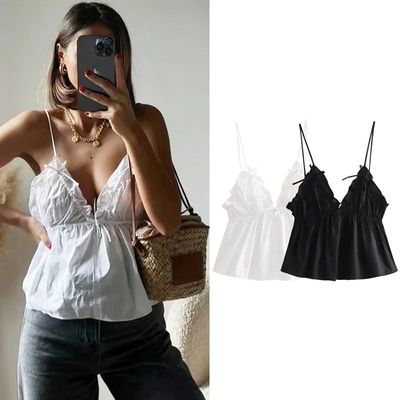 Wrinkled lace up camisole tops for women褶皱系带吊带衫上衣女
