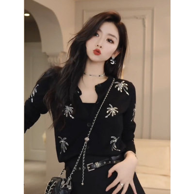 黑色珠片开衫上衣外套Black sequined cardigan top jacket women