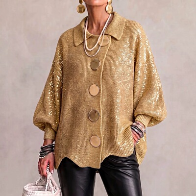 翻领开衫宽松女士亮片外套Collar cardigan loose sequin jacket