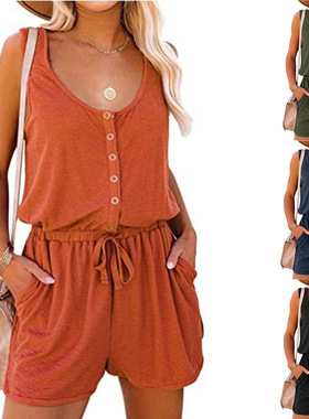 U-neck slim fit sleeveless lace up jumpsuitU领无袖系带连体裤